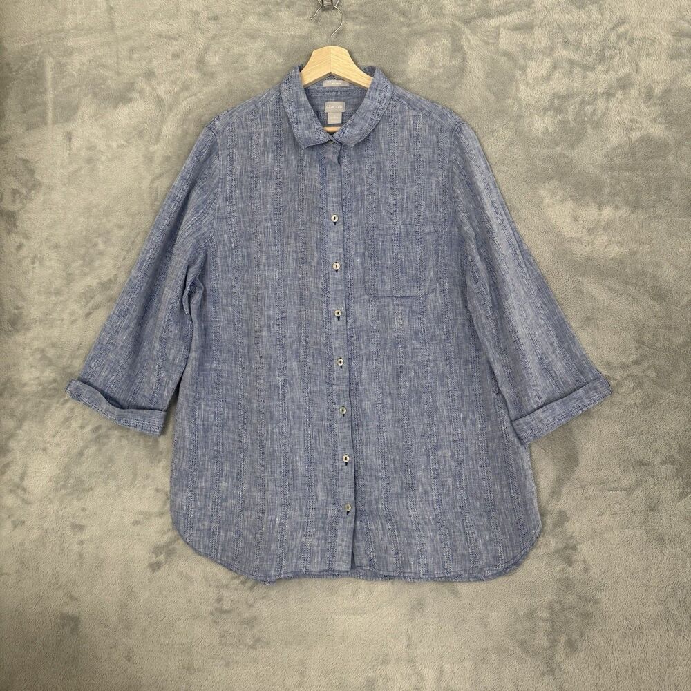 Chicos Linen Shirt Womens 3 XL Blue 3/4 Sleeve Button Down Pocket
